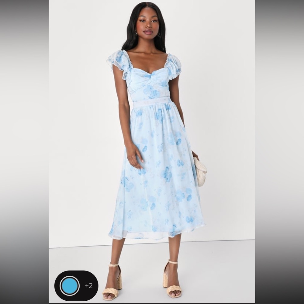 Lulu’s Blue Floral Ruffled Midi Dress
